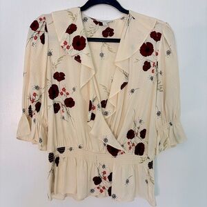Joie Short Sleeve Top with Ruffle, Size Small, Cream With Burgundy Flowers
